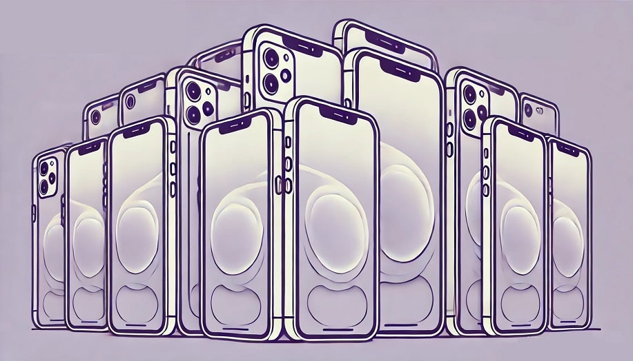 iphone 15s in a row on purple background