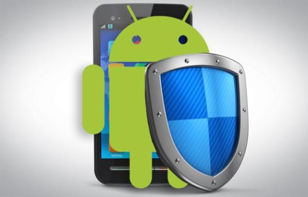 mobile phone and Android logo with a shield protecting them